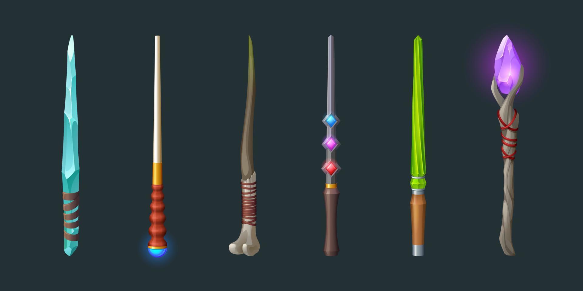 Magic wands, wooden sticks with crystals vector