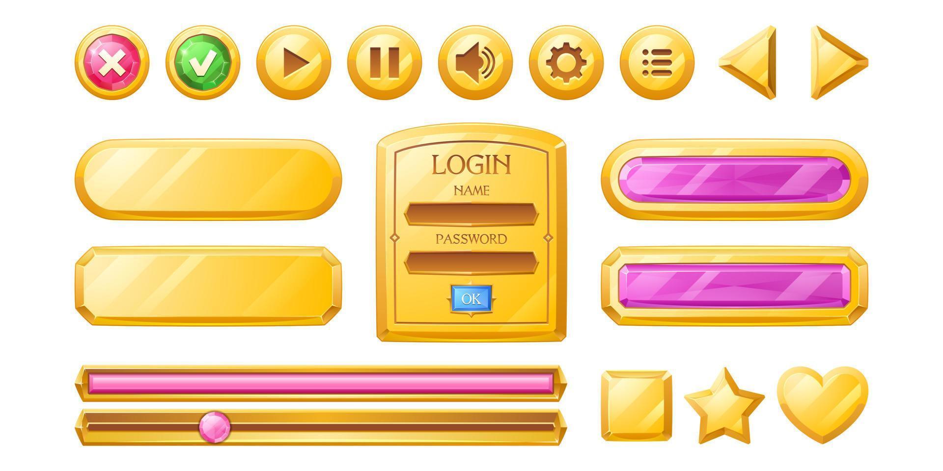 Golden buttons for ui game, gui elements vector