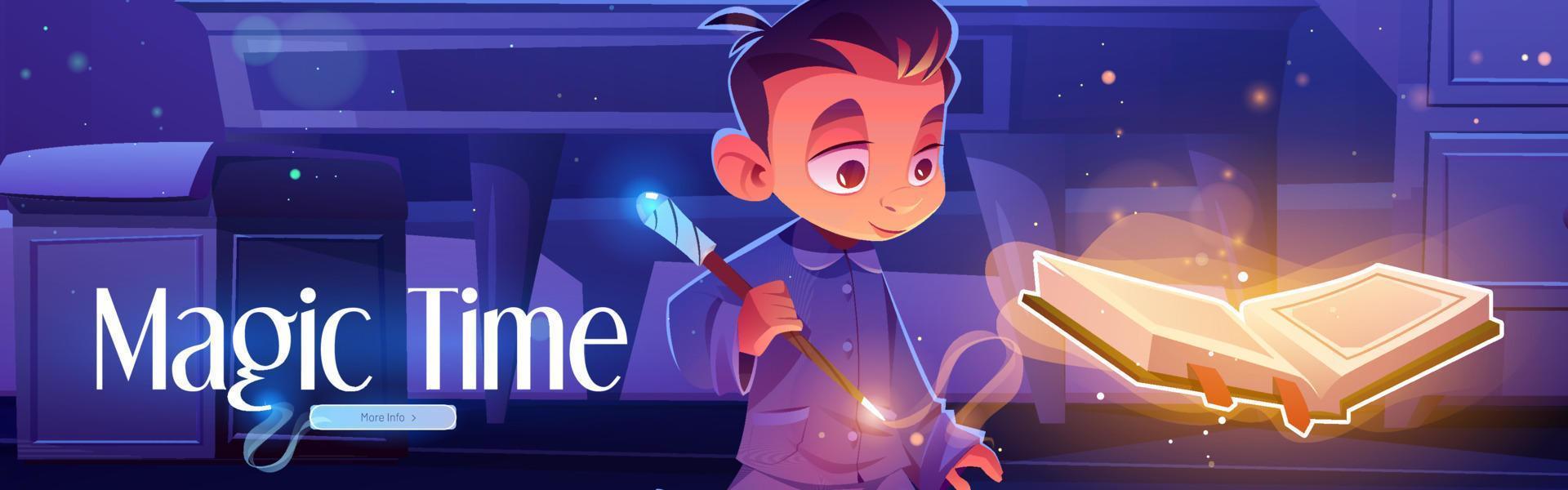 Magic time poster with boy with spell book vector