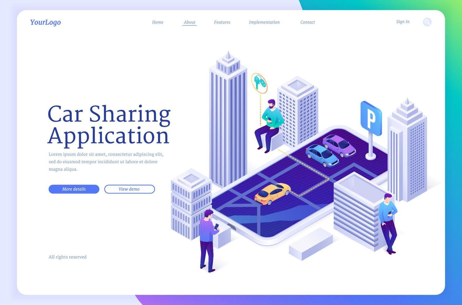 Car sharing application isometric landing page vector
