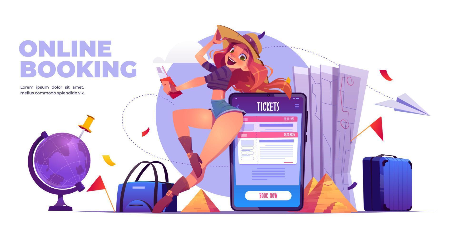 Online booking cartoon banner. Travel service trip vector