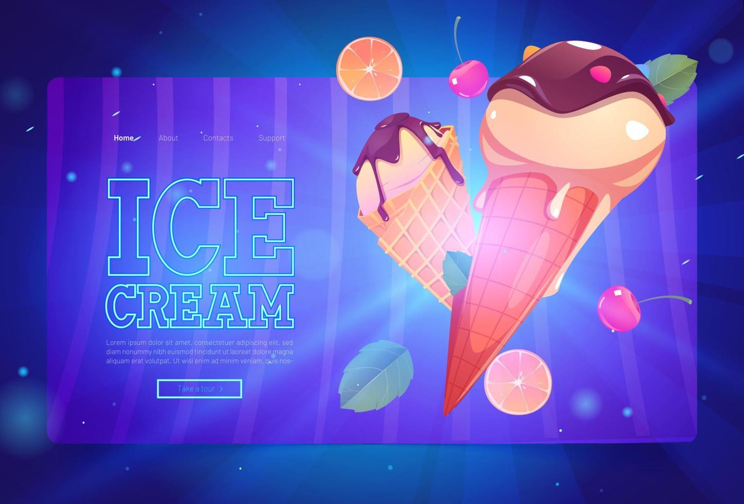 pancarta de helado con sundae en conos de gofres vector