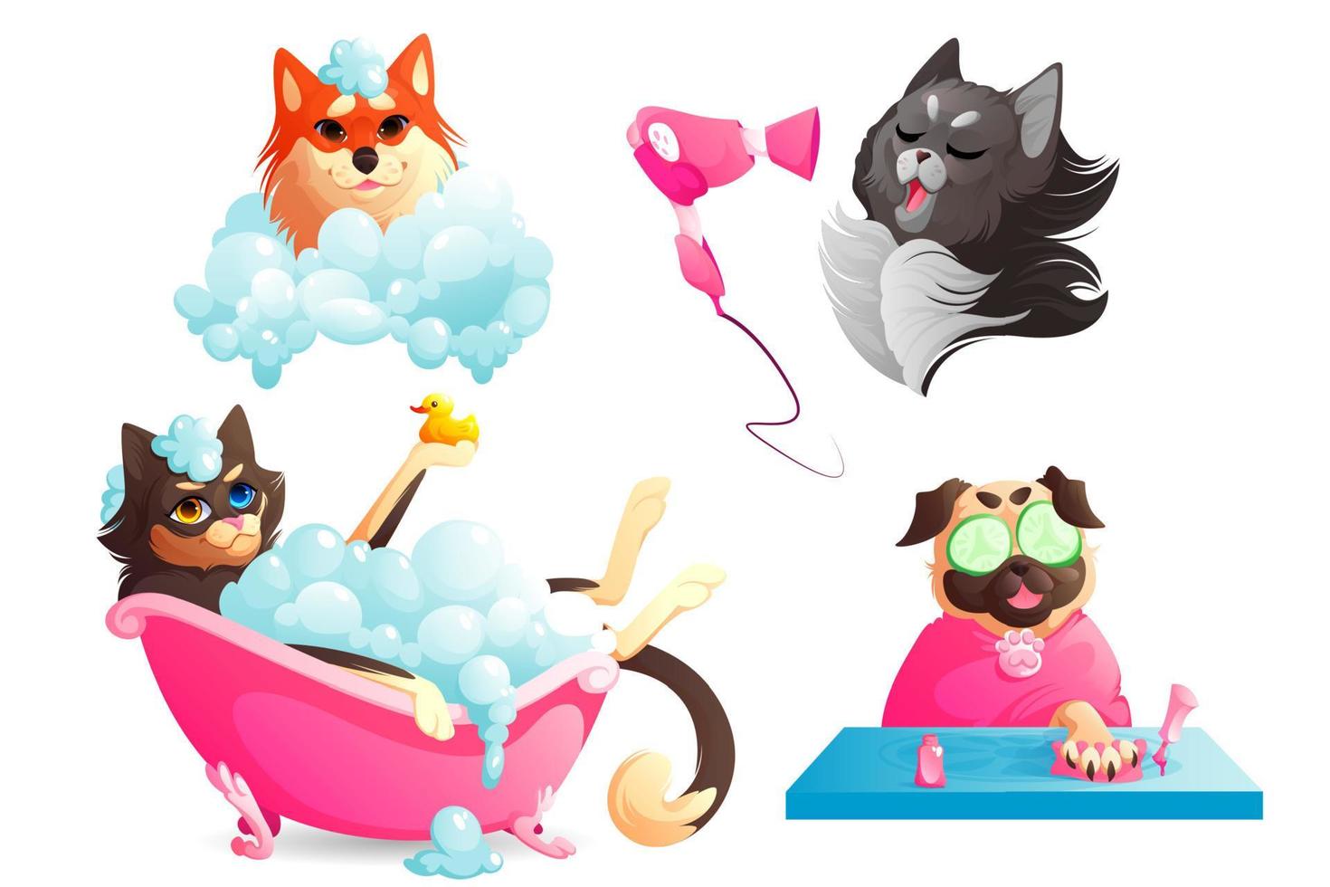 Dogs spa and grooming service, funny puppies set vector