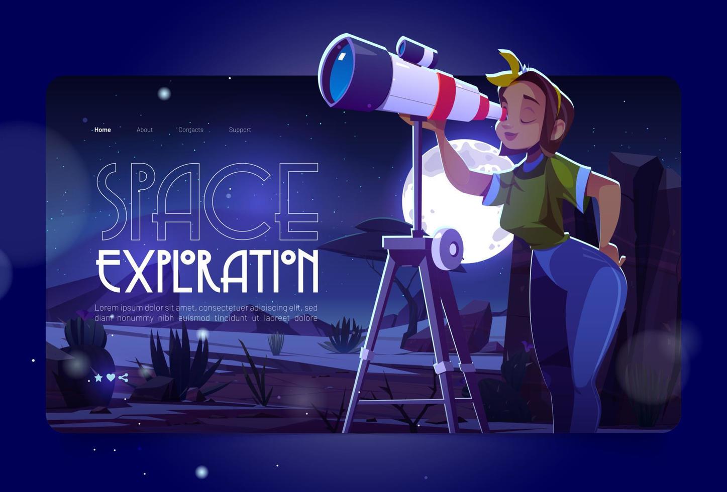 Space exploration cartoon landing page, web banner vector