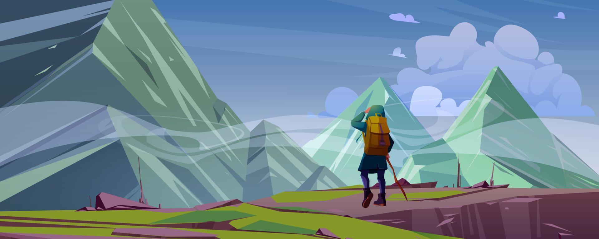 Traveler at mountain landscape with foggy peaks vector