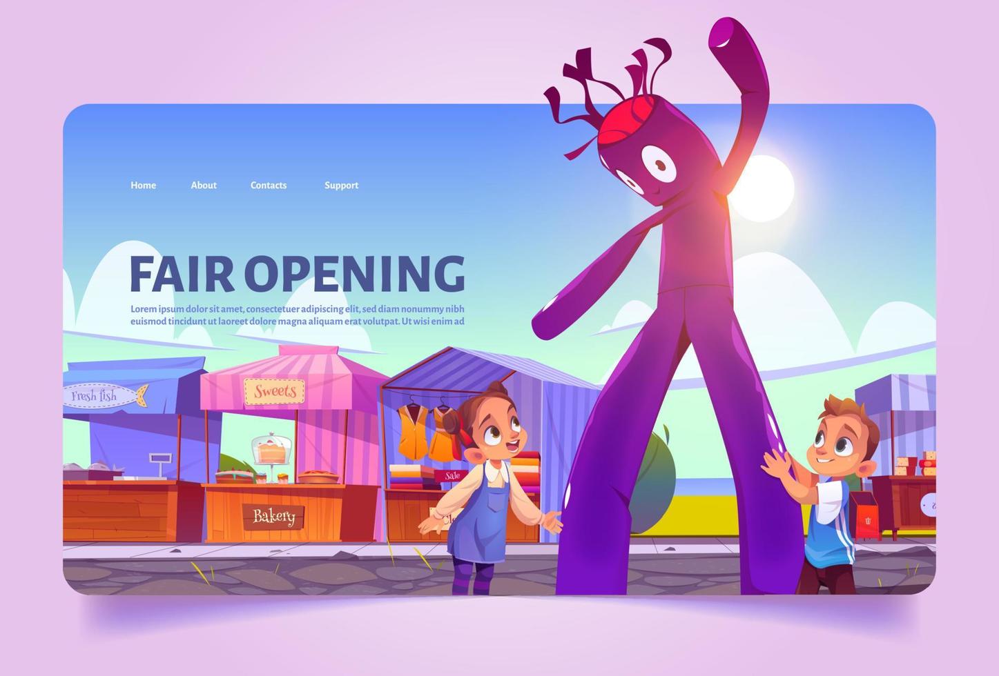 página de inicio de dibujos animados de apertura justa. niños en el mercado vector