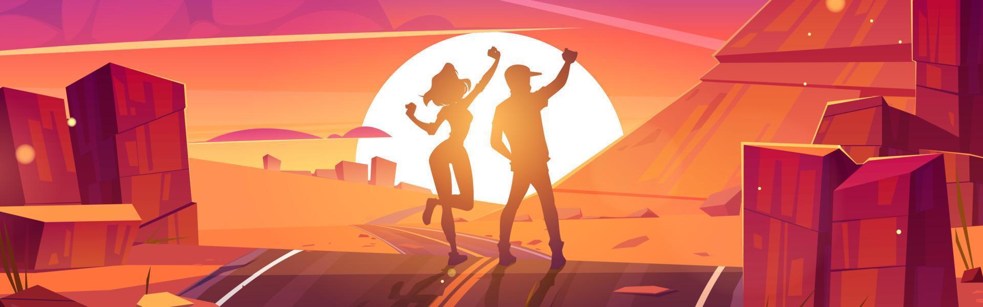 Tourists enjoy sunset, man and woman silhouettes vector