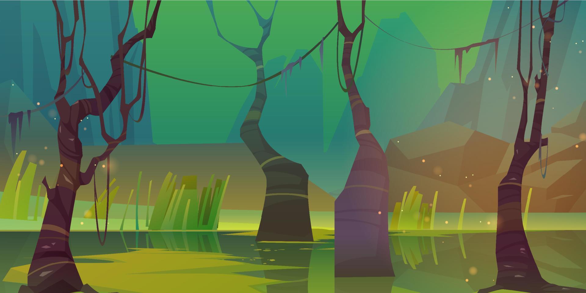 Night landscape with swamp and mountains vector