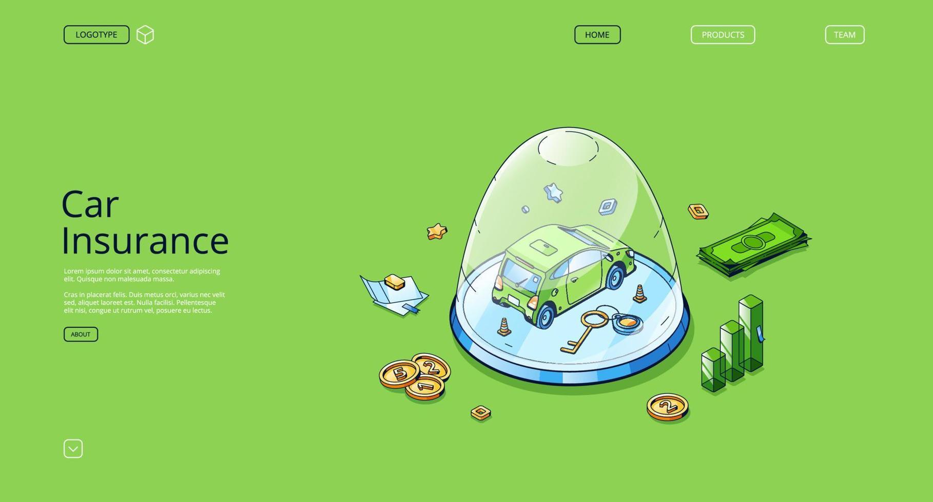 Car insurance isometric landing auto at glass dome vector