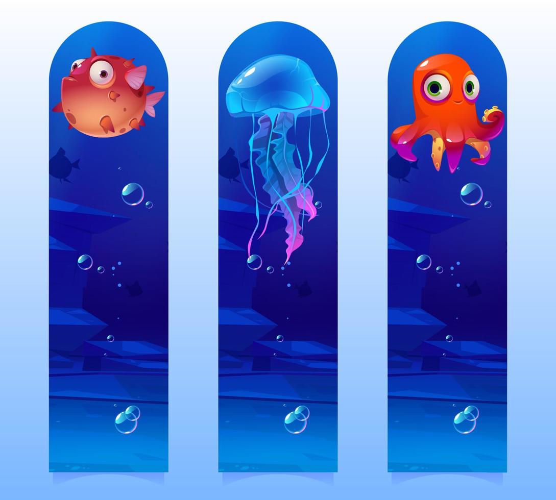 Kids bookmarks with cartoon underwater creatures vector