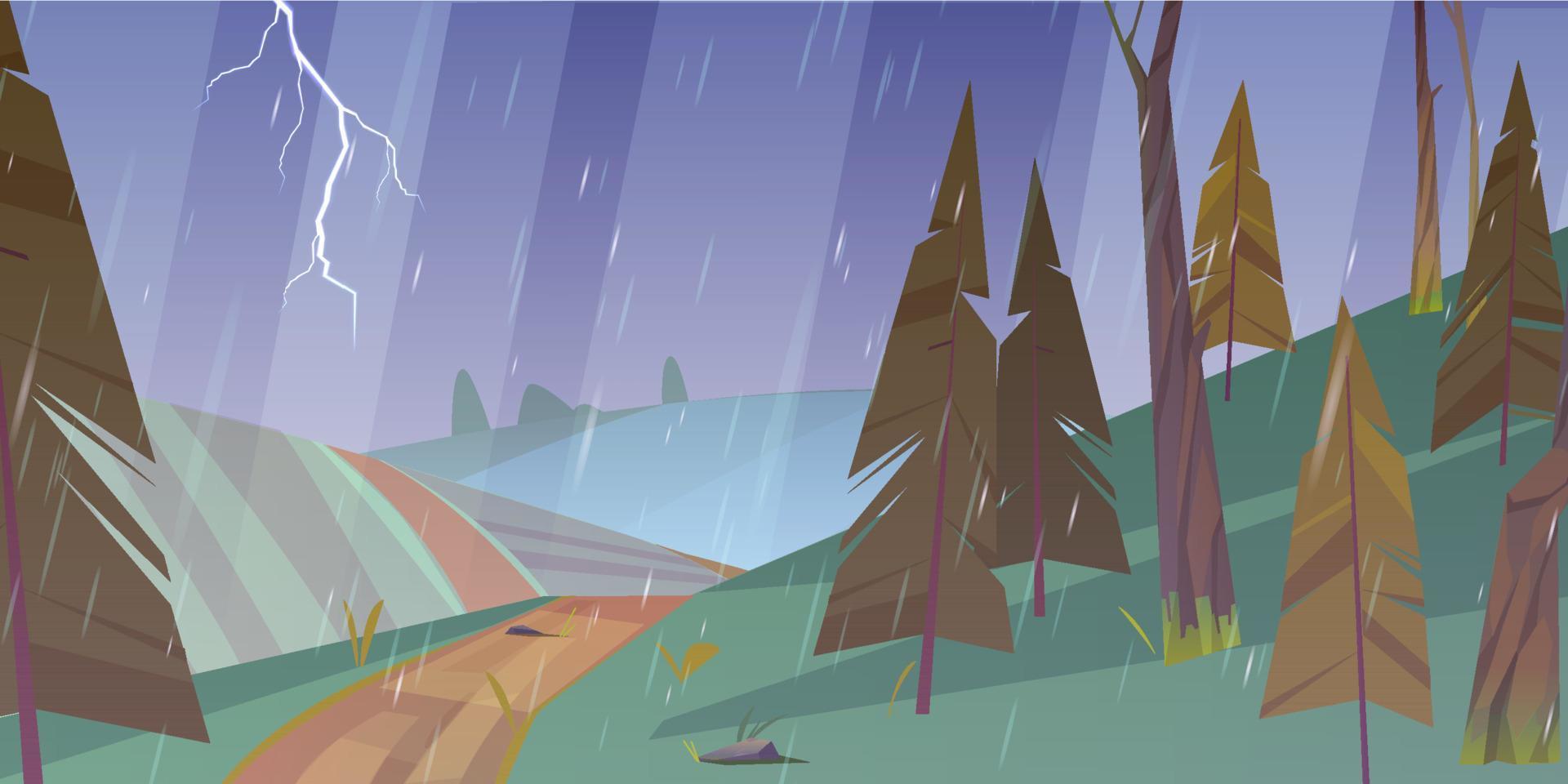 paisaje de tormenta con lluvia y relámpagos vector