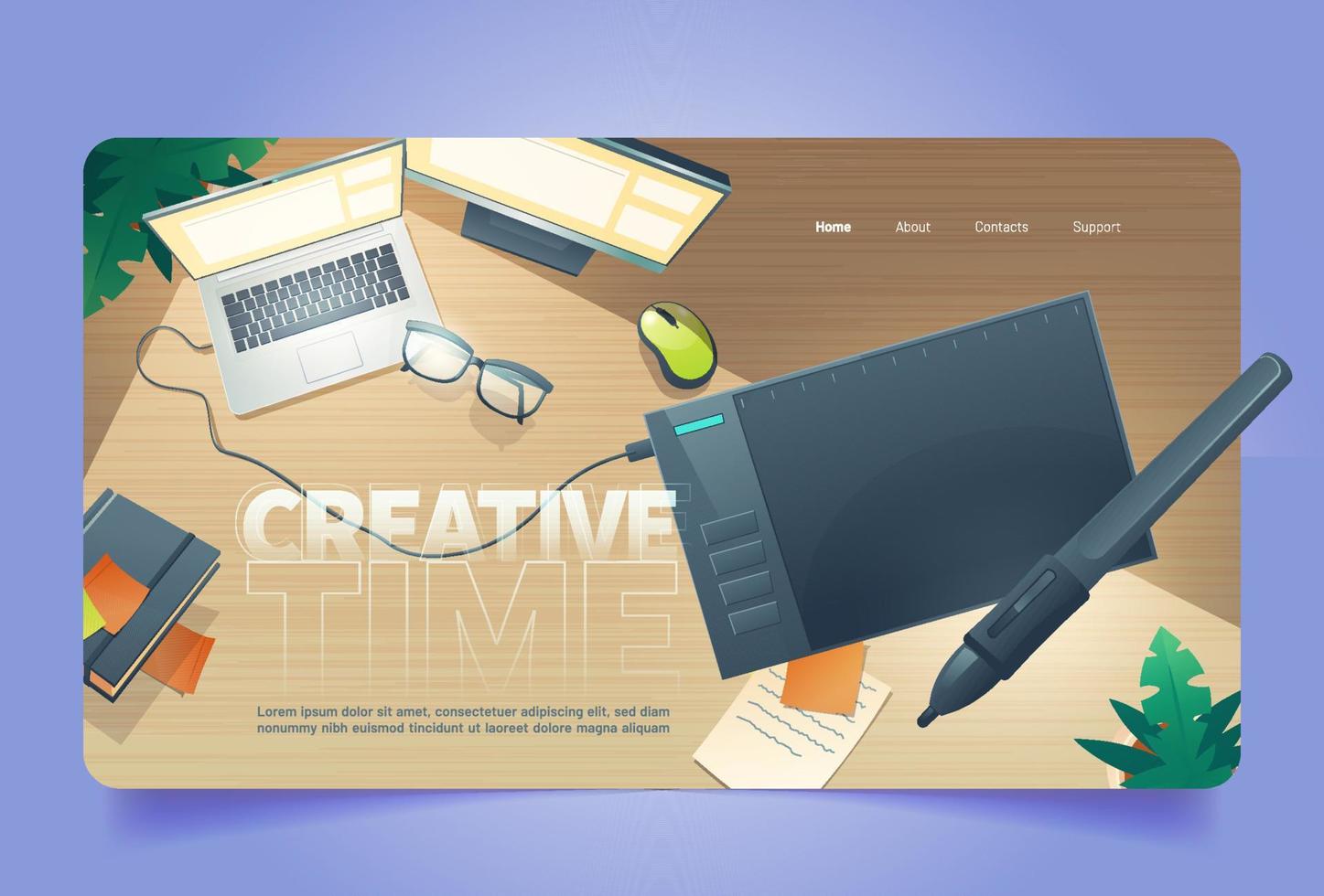 Creative time cartoon landing, graphic design work vector