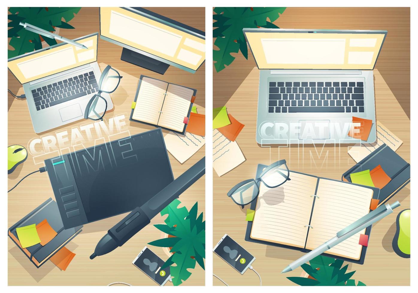 Posters with top view of designer workspace vector