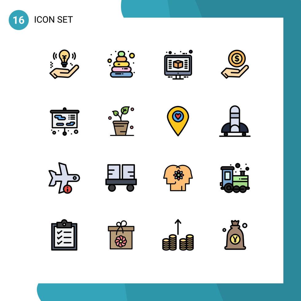 Pack of 16 Modern Flat Color Filled Lines Signs and Symbols for Web Print Media such as school education computer dollar shopping Editable Creative Vector Design Elements