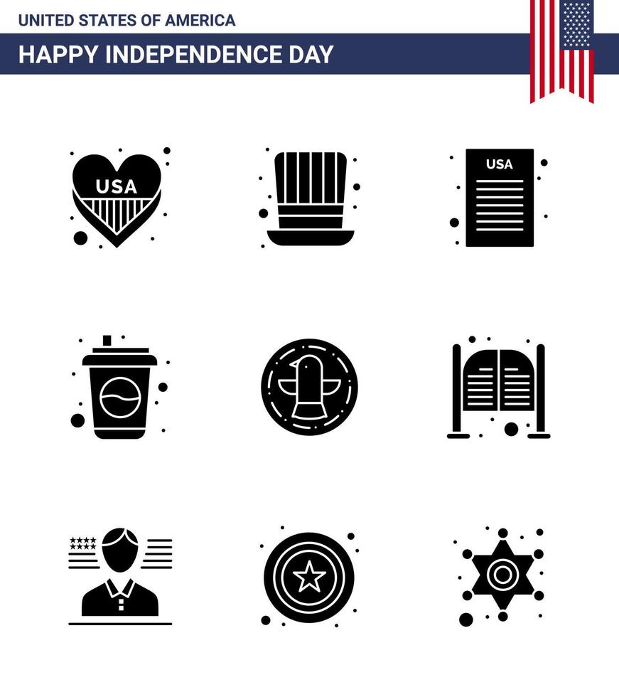 Set of 9 Vector Solid Glyphs on 4th July USA Independence Day such as celebration american declaration soda cola Editable USA Day Vector Design Elements