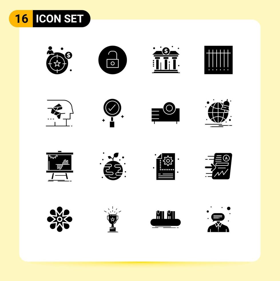 Pictogram Set of 16 Simple Solid Glyphs of brain android banking scan barcode Editable Vector Design Elements