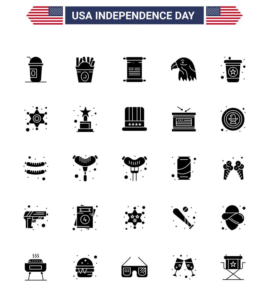 4th July USA Happy Independence Day Icon Symbols Group of 25 Modern Solid Glyph of drink usa scroll eagle animal Editable USA Day Vector Design Elements