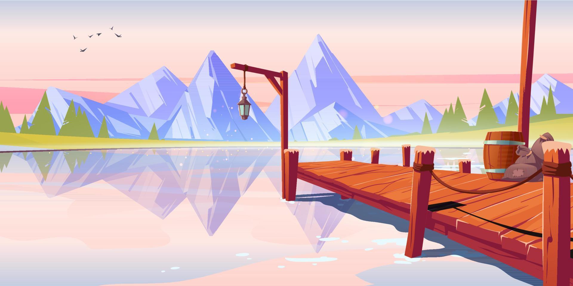 Wooden pier on lake or pond morning landscape vector