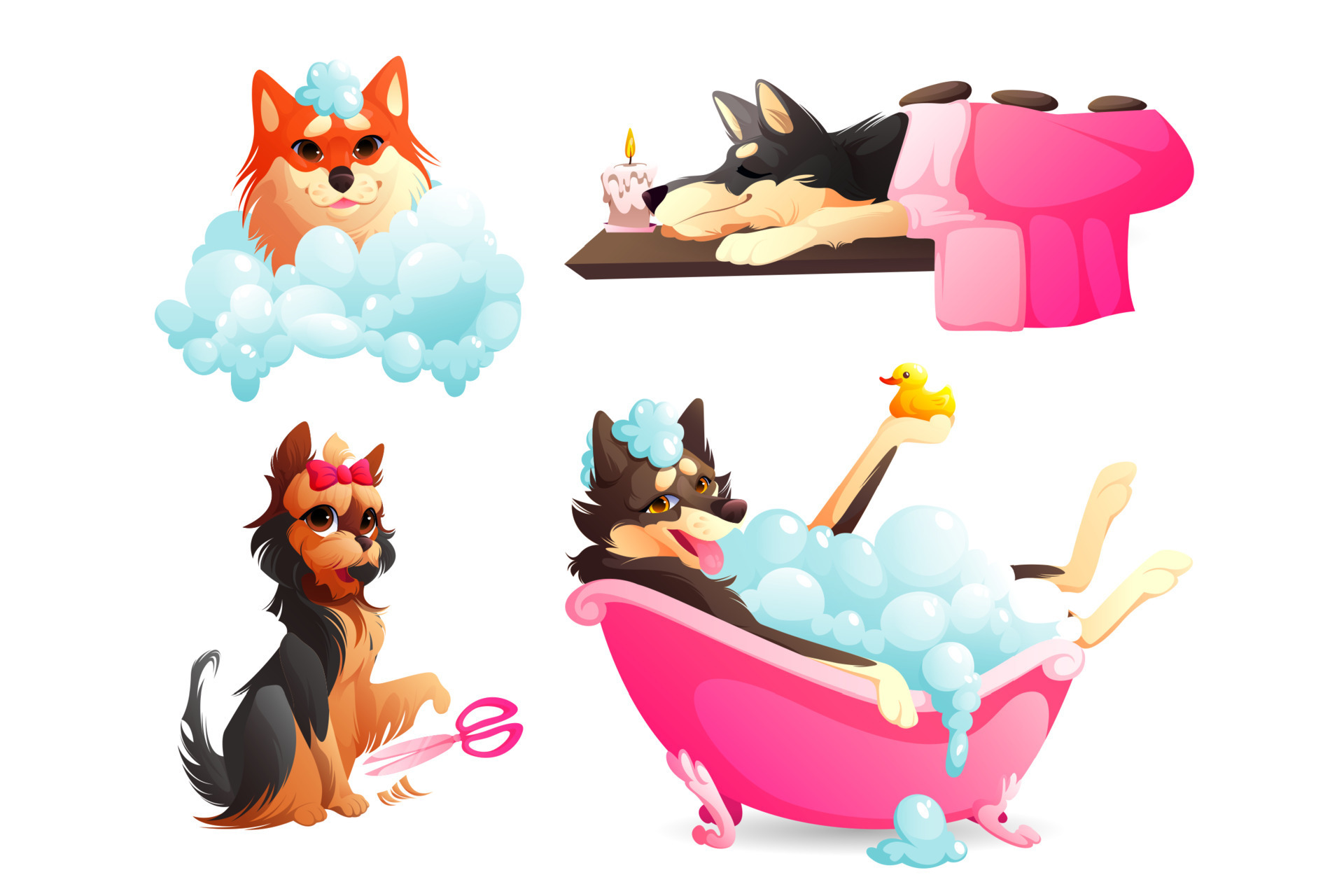 Dogs spa and grooming service, happy pet take bath 14401061 Vector Art