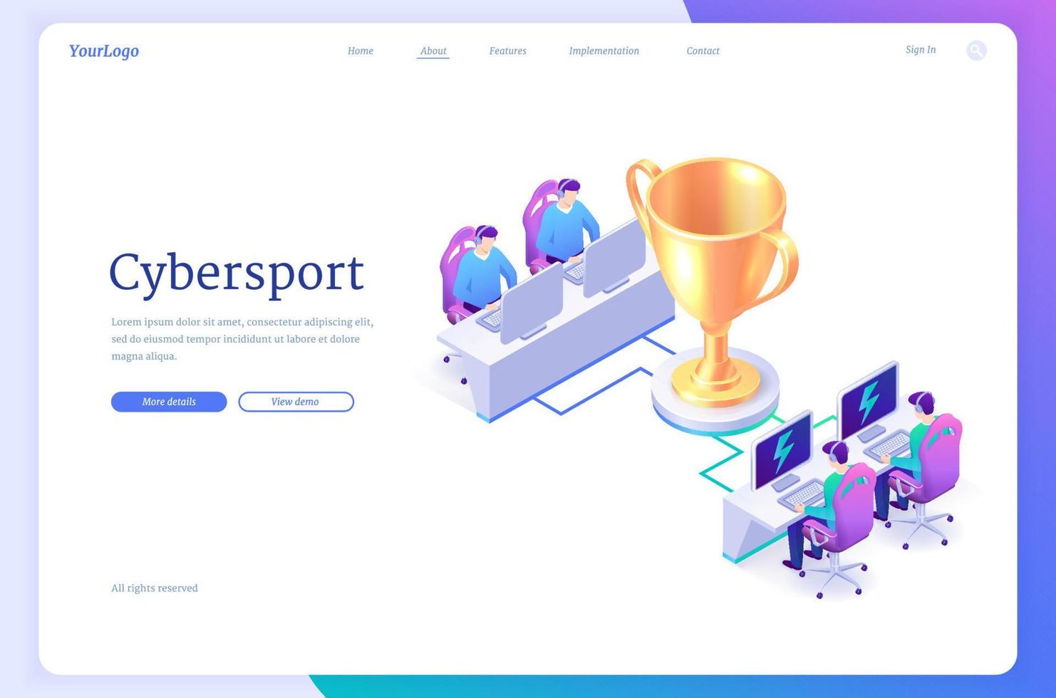 Cyber sport isometric landing page, pc gamer team vector