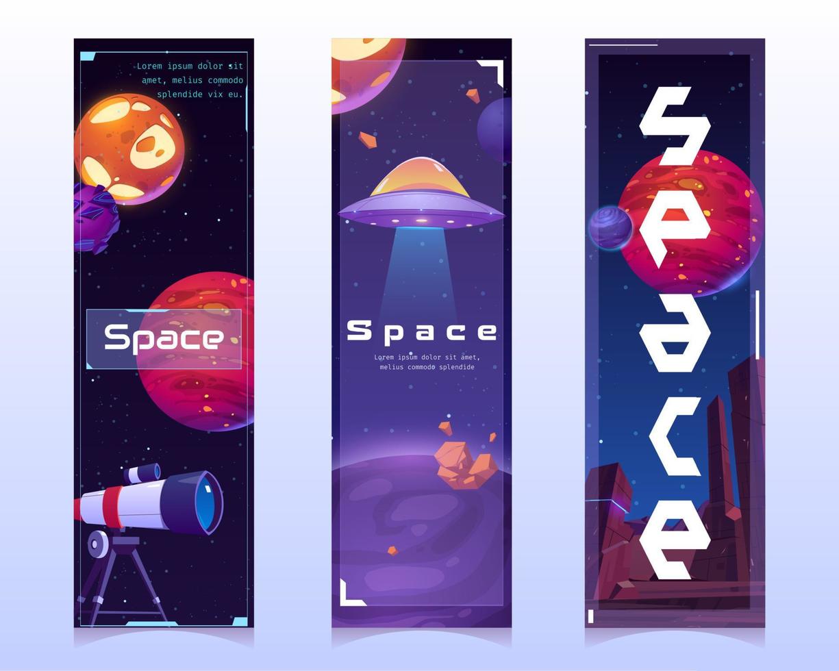 Space banners with planets, spaceship, telescope vector