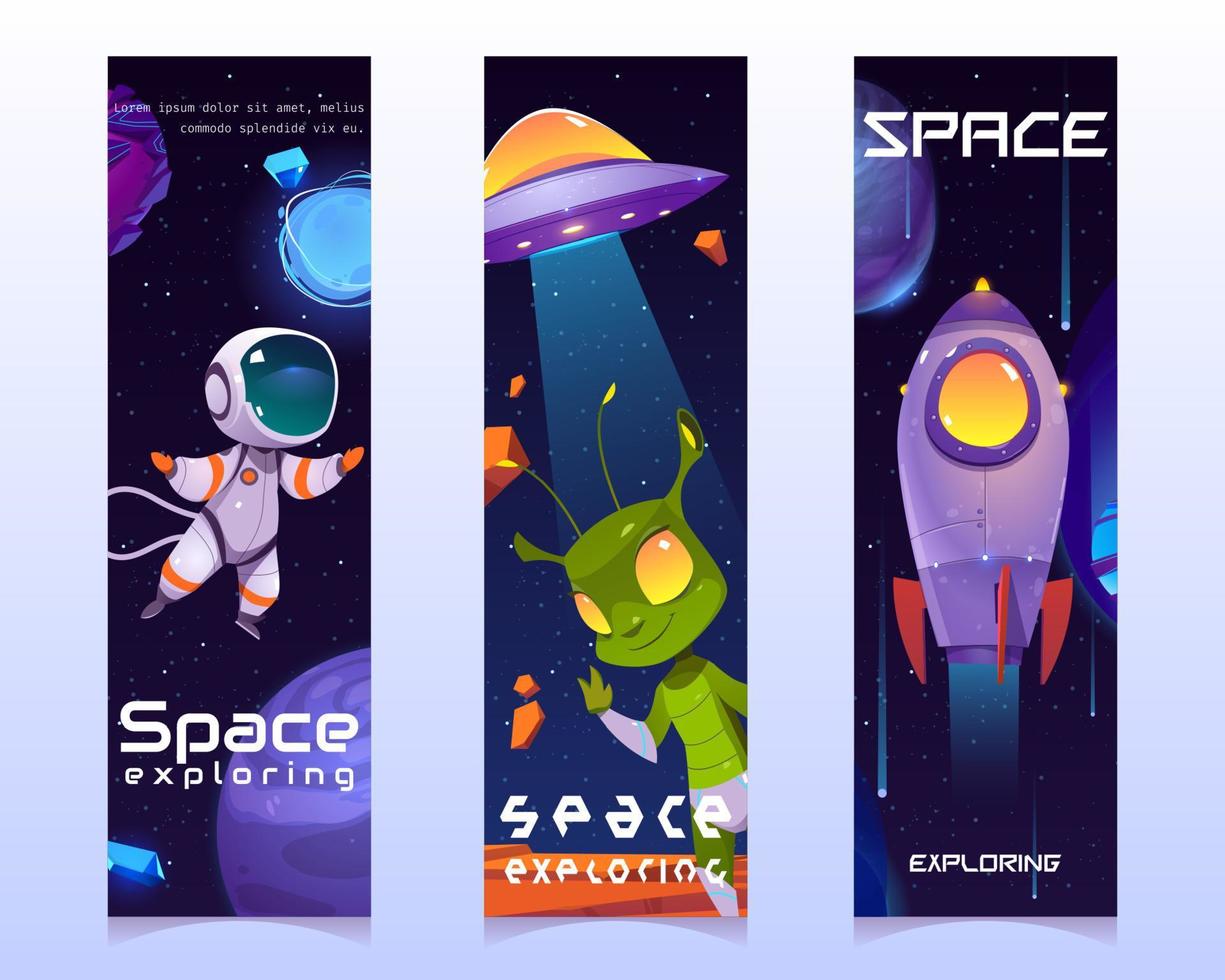 Space exploring cartoon vertical banners set. vector