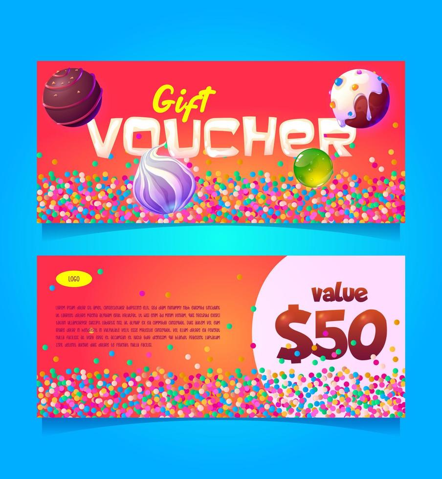 plantilla de vale de regalo con dulces y valor vector