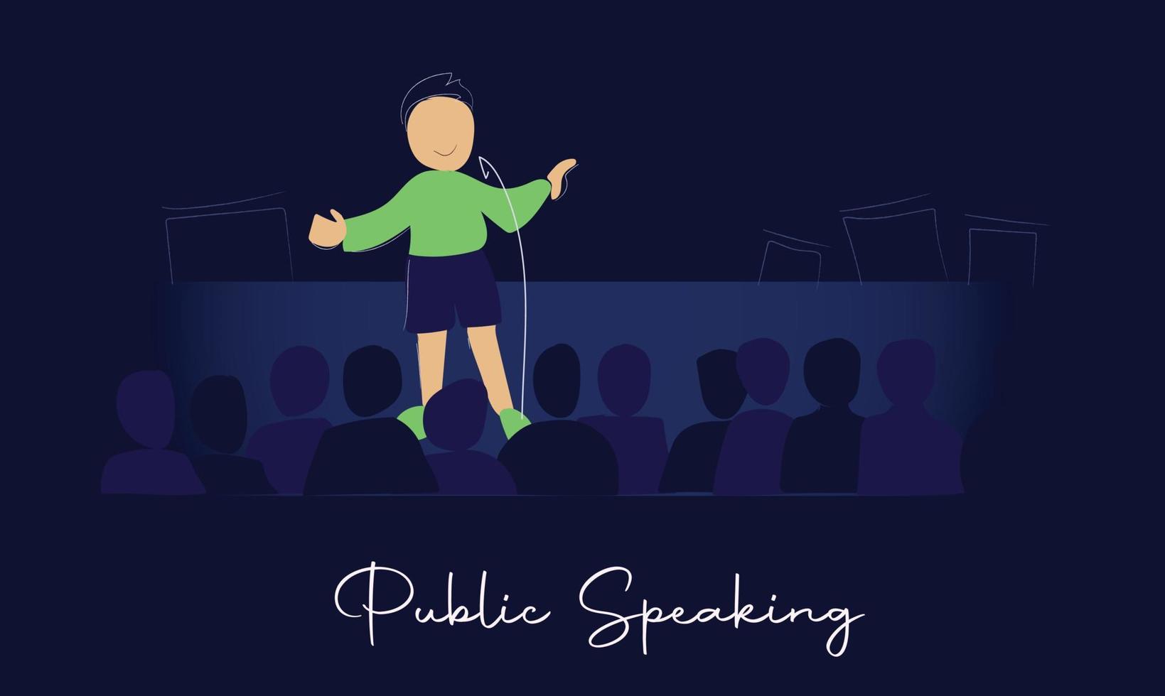 Public speaking, standup comedian. Public speech and presentation in front of audience. Presenter speaks to people. Lecturer in spotlight at education event. Flat vector illustration.