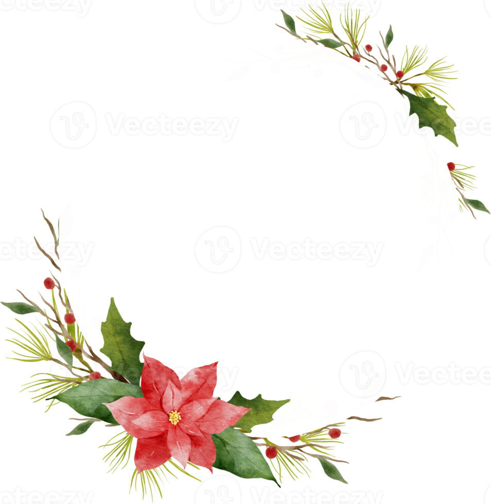 Christmas Leaves Flowers Watercolor Wreath Frame png