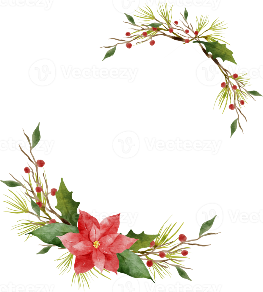 Christmas Leaves Flowers Watercolor Wreath Frame png