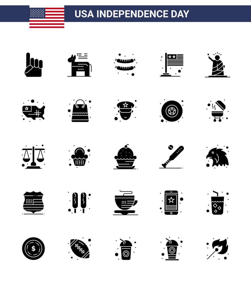 feliz día de la independencia 4 de julio conjunto de 25 pictogramas americanos de glifos sólidos de puntos de referencia comida bandera de estados unidos elementos de diseño vectorial editables del día de estados unidos vector