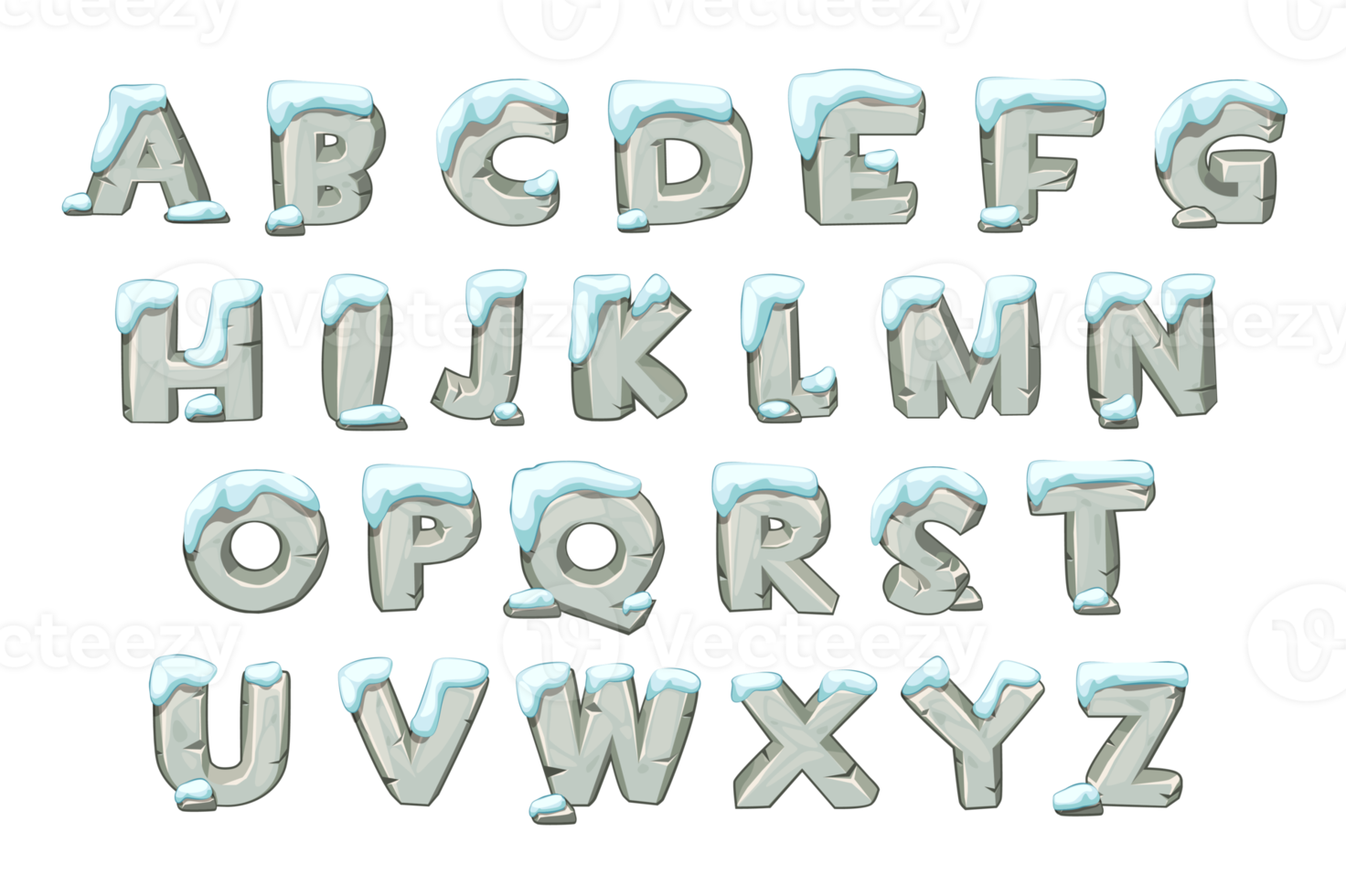 Stein-Alphabet-Set zum Lernen mit Schnee. Illustration graue Buchstaben, Schriftart aus Felsen für Design png