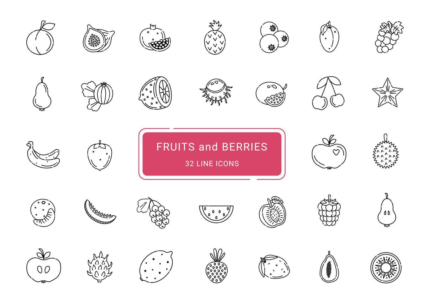 Fruits and berries, 32 line vector icons