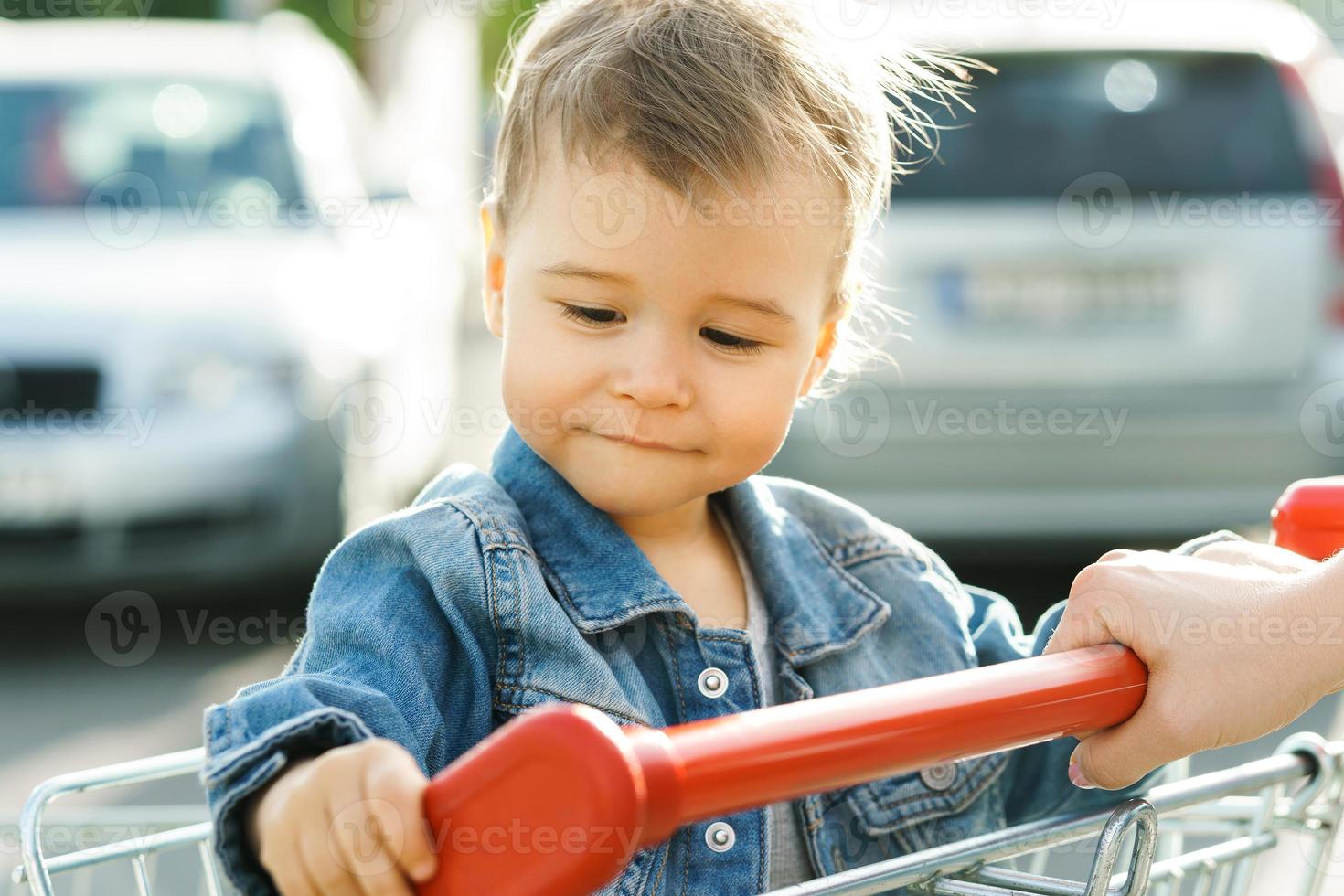 Cute little boy sitting in a shopping cart photo