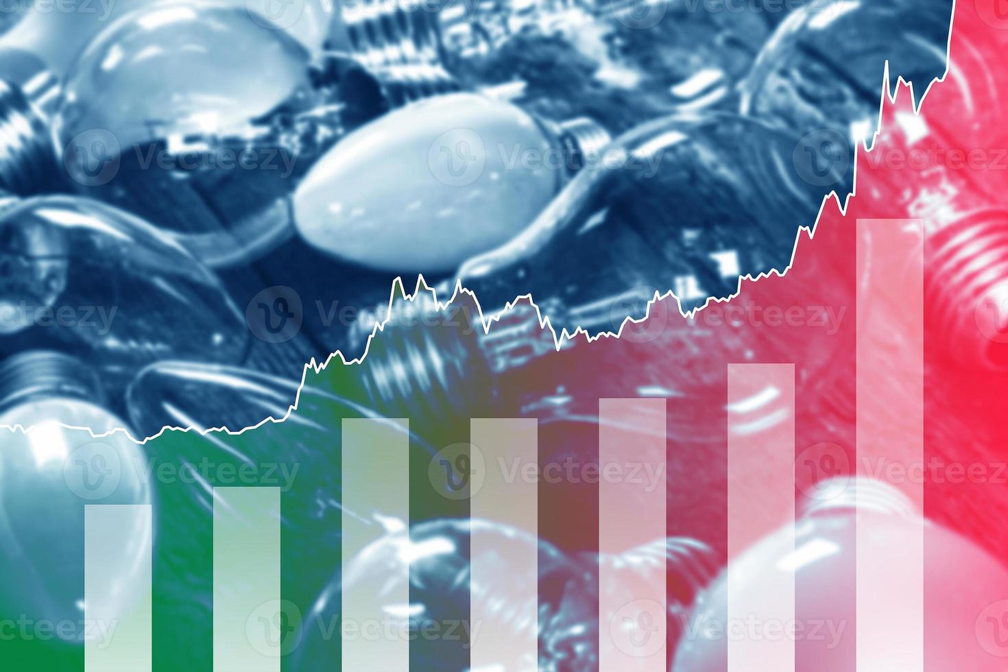 Light bulbs and rising chart representing current electricity price during energy crisis in the world photo
