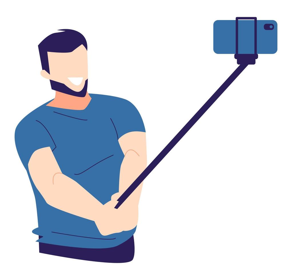 hombre tomando un selfie, tomando una foto de sí mismo usando un teléfono móvil y un palo selfie. Aislado en un fondo blanco. adecuado para temas de fotografía, hobby, tecnología, etc. ilustración vectorial plana vector