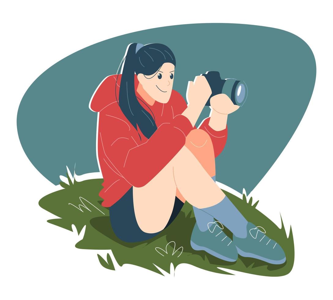 teenage girl taking a photo using a camera while sitting on the grass. smiling expression, happy. suitable for print, wallpaper, themes, hobbies, work, nature, etc. flat vector illustration