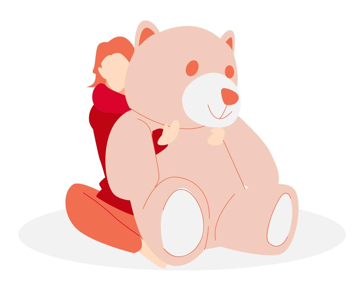 girl hugging a big teddy bear. funny. suitable for the theme of toy, gift, animal, etc. flat vector illustration