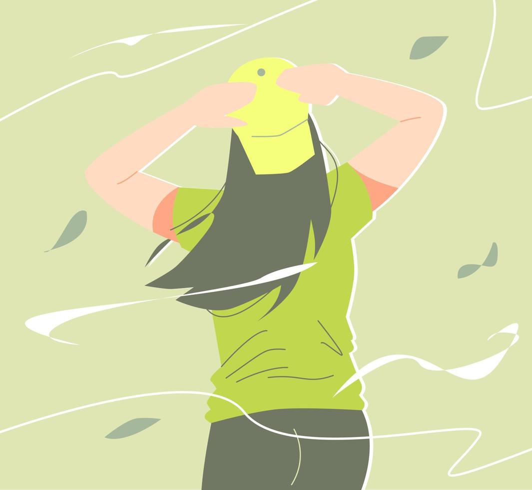 una adolescente usa una vista trasera del sombrero en el fuerte viento. hojas revoloteando, viento. adecuado para el tema del clima, las estaciones, los desastres, la naturaleza, etc. ilustración vectorial plana vector