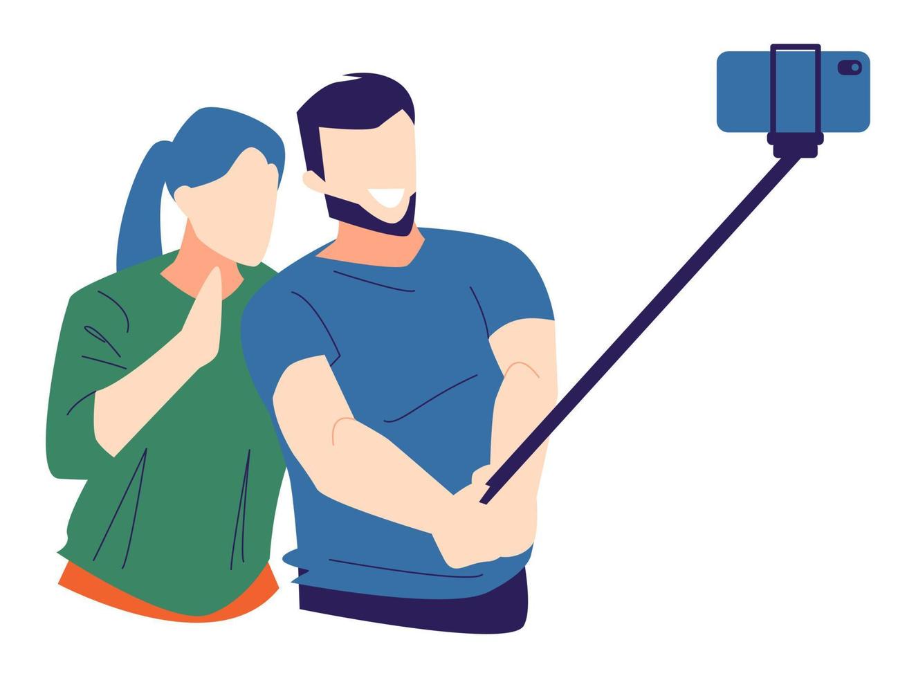 selfie de hombre y mujer, usando smartphone y selfie stick. Aislado en un fondo blanco. adecuado para temas de fotografía, pasatiempos, tecnología, parejas, amor, etc. ilustración vectorial plana vector