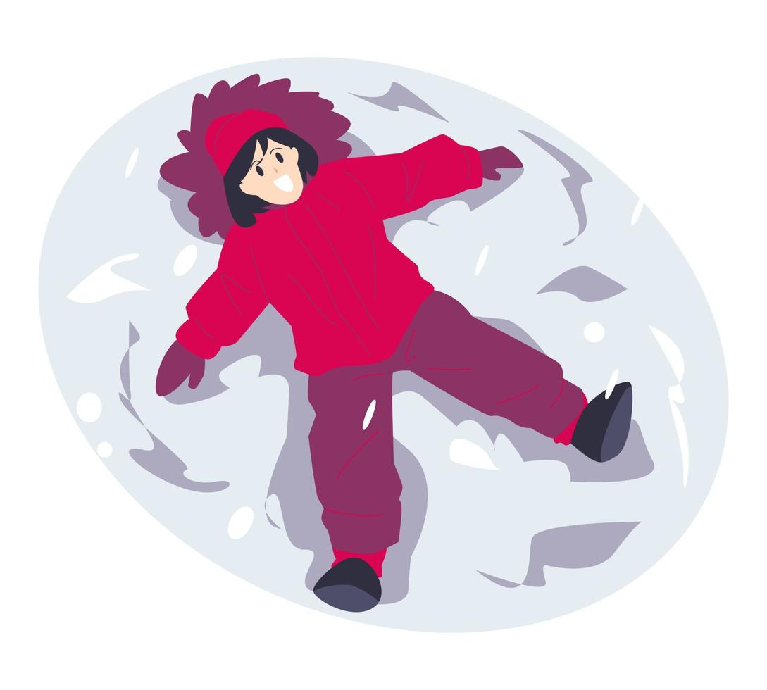 linda niña con ropa de abrigo tirada en la nieve. adecuado para los temas de invierno, juego, infancia, diversión, etc. ilustración vectorial plana vector