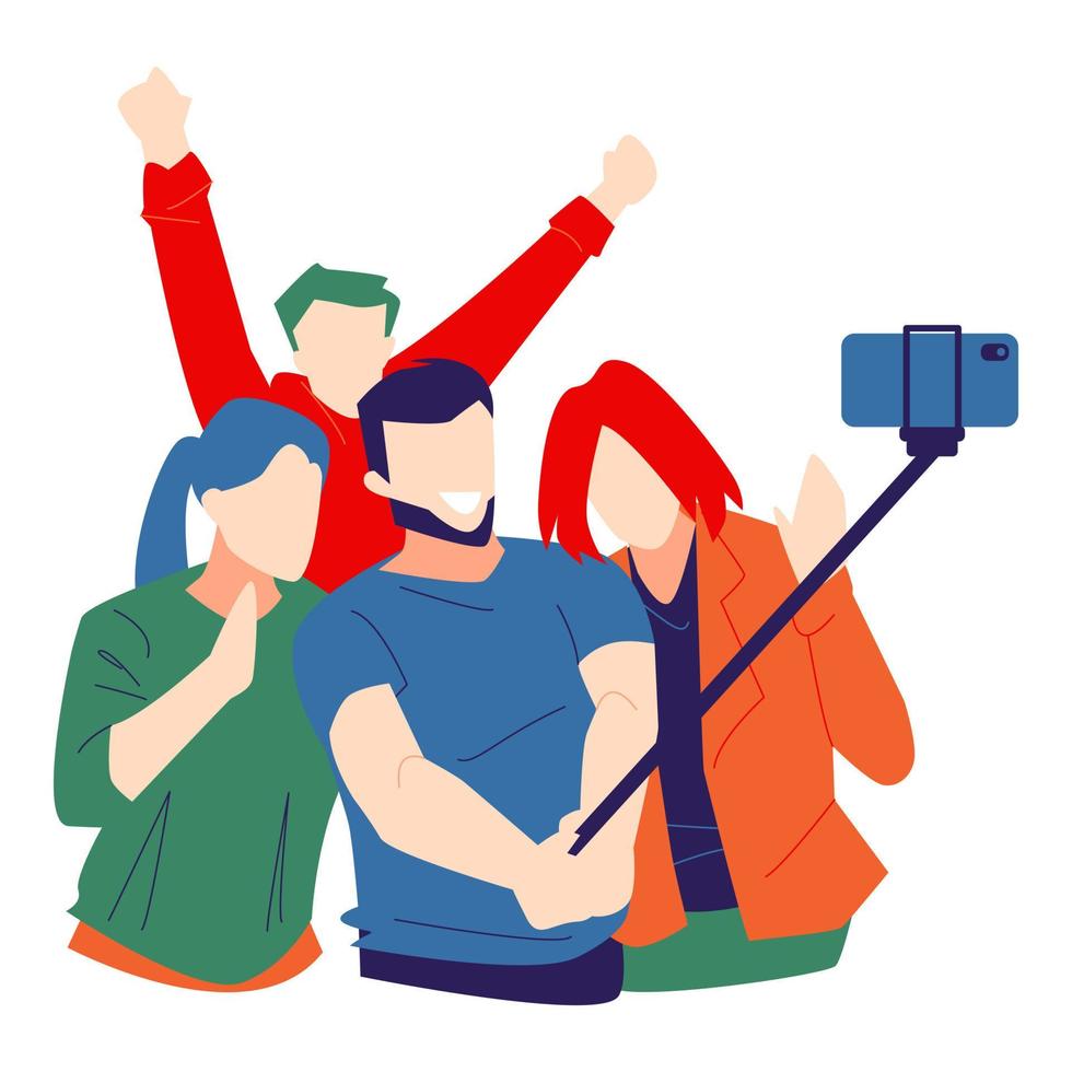 un grupo de amigos se toma una foto usando un teléfono inteligente y un selfie stick. adecuado para temas de fotografía, pasatiempos, tecnología, estilo de vida, etc. ilustración vectorial plana vector