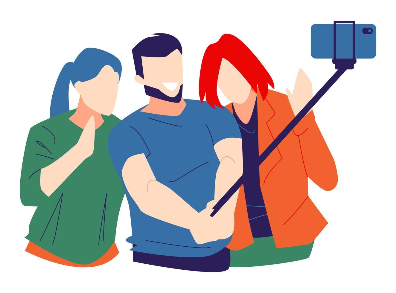 selfie de hombre y dos mujeres, usando cámara de teléfono y palo de selfie. Aislado en un fondo blanco. adecuado para el tema de la fotografía, el estilo de vida, la tecnología, los amigos, etc. ilustración vectorial plana vector