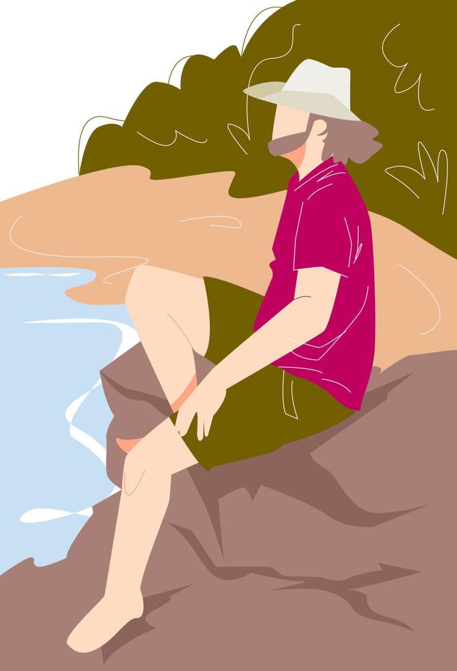longish man sitting on the rocks enjoying the scenery of the beach. side view. suitable for holiday themes, leisure, summer, vacation, etc. flat vector illustration