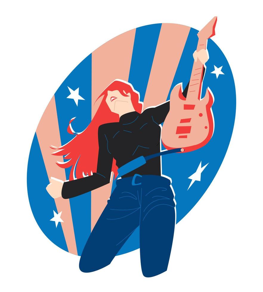 guitarist woman pose. spotlight background and stars icon. suitable for bands, music, solo, rock, print, sticker, poster, background, etc. flat vector illustration