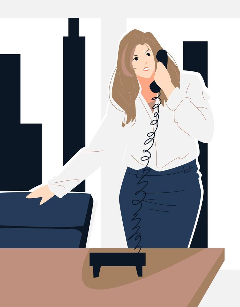 female office worker, businesswoman, or secretary is on the telephone. office background, buildings. suitable for the theme of work, profession, business, etc. flat vector illustration