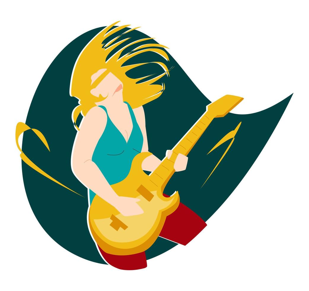 pose de guitarrista femenina con cabello largo. adecuado para banda, música, solo, rock, impresión, pegatina, afiche, fondo, diseño de camisetas, etc. ilustración vectorial plana vector