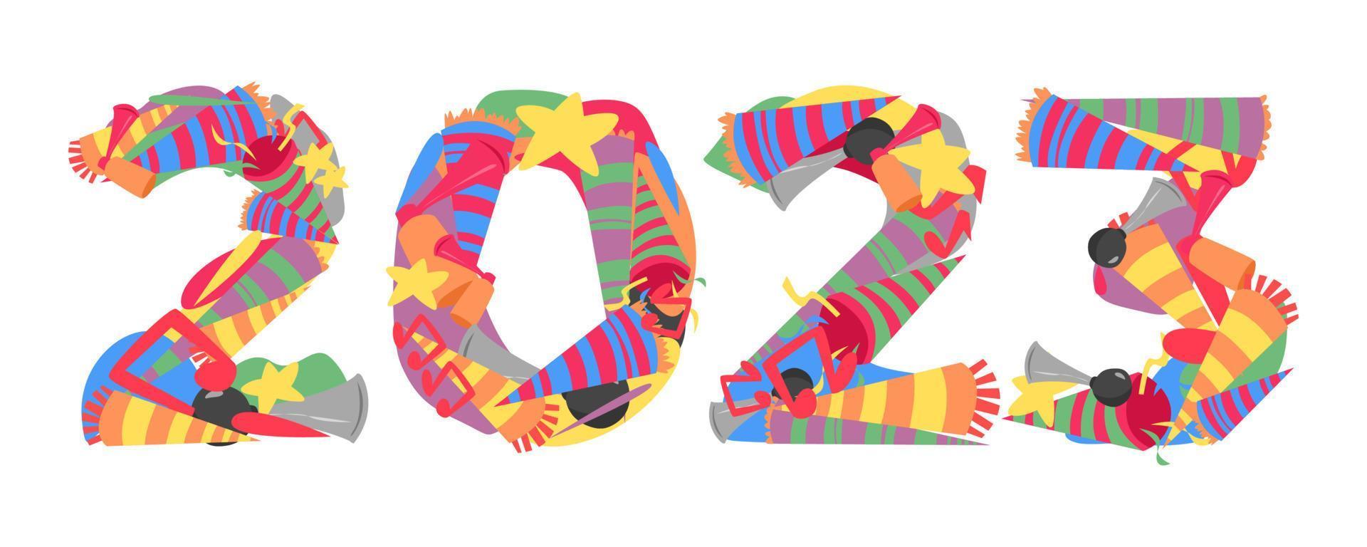 2023 font typography from icon pack of trumpets, horns, etc. doodle collage. new year concept for template, greeting card, print, sticker, etc. vector