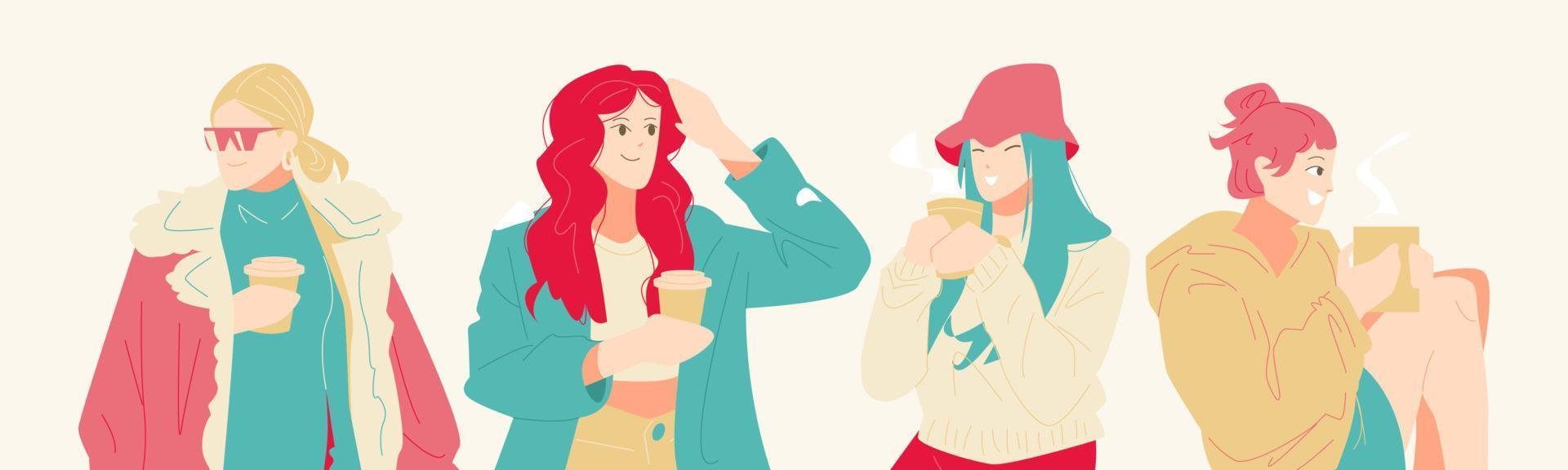 set of beautiful women characters in modern style warm clothes with hot drinks. cartoon character. coffee, tea, hot chocolate. winter concept, fashion. flat vector illustration