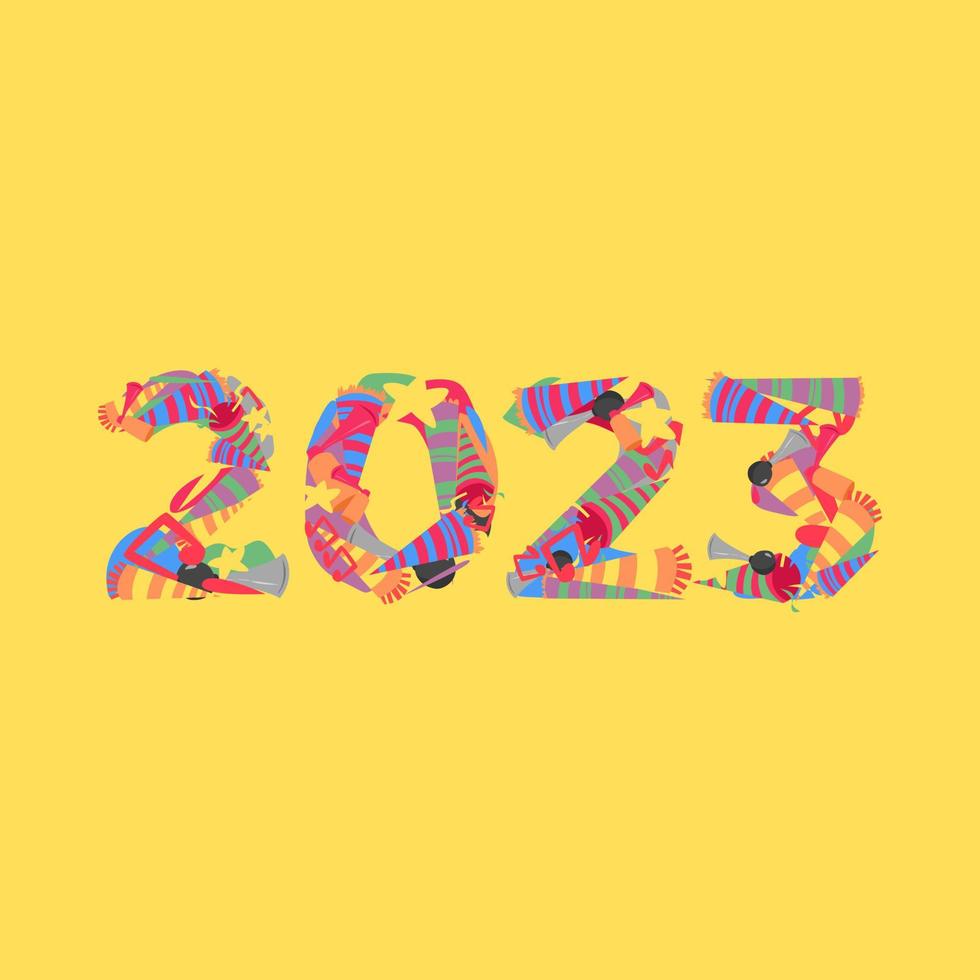 2023 typography is made from trumpet icon set, horn, etc. doodle collage. yellow background. new year concept for template, greeting card, print, sticker, banner, etc. flat vector style